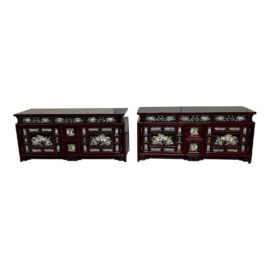 Vintage Asian Figural Mother of Pearl Inlay Low Cabinet, a Pair