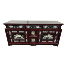 Vintage Asian Figural Mother of Pearl Inlay Low Cabinet