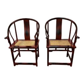 Vintage Ming Style Distressed Wood Horseshoe Chairs, a Pair