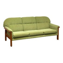 Scandinavian Design Teakwood Sofa With Heathered Green Cushions + Upholstery