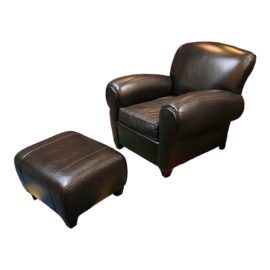 Mitchell Gold Manhattan Black Leather Club Chair + Ottoman