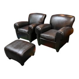Mitchell Gold Manhattan Black Leather Club Chairs + Ottoman, a Set