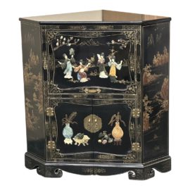 Gump's San Francisco Black Lacquered With Jade Inlay Corner Cabinet