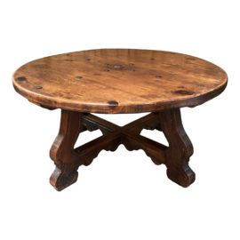 Vintage Rustic Round Wood + Metal Nailhead Coffee Table
