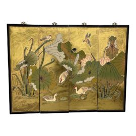 Vintage Asian Four Panels Screen of Lilies + Cranes
