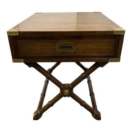 Vintage Hekman Furniture Walnut Campaign Style End Table With Saltire Base