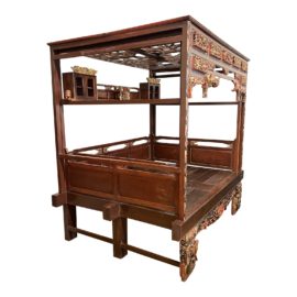 Queen Size Antique Chinoiserie Elm Wedding Canopy Bed Hand Carved With Asian Designs