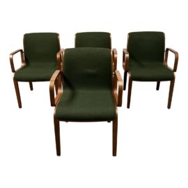 Knoll Oak Bentwood Forest Green Upholstered Chairs, Set of Four