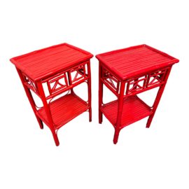 Vintage Indochine Red Lacquer Bamboo Side Tables, a Pair