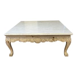 Vintage Carved Wood Base + Beveled Travertine Top Coffee Table