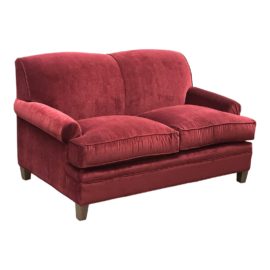 Custom Design Carmine Merlot Velvet Love Seat. Original Price: $2,775
