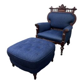 Antique Victorian Eastlake Style Lounge Chair + Ottoman Set