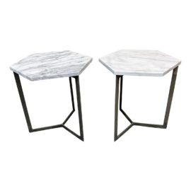 Crate & Barrel Hexagon Marble + Steel Side Tables, a Pair. Original Price: $600