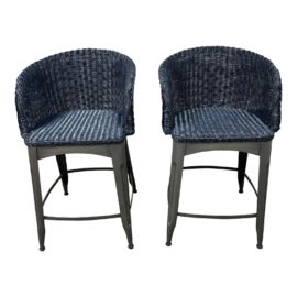 NEW Palecek Navy Industrial Iron Wicker Reznor Blue Counter Stools, a Pair. Original Price: $1,632