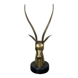 Vintage Hollywood Regency Brass Gazelle Sculpture With Exotic Marble Base