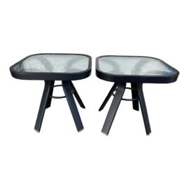 Homecrest Outdoor Aluminum + Glass Side Tables, a Pair. Original Price: $400