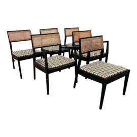 Mid 20th Century Jens Risom Modern Ebonized Walnut + Cane "Playboy" Dining Chairs, Set of Six