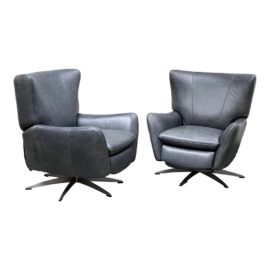 Pottery Barn Wells Indigo Leather Swivel Recliners, a Pair. Original Price: $4,400