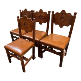Antique Carved Wood + Faux Leather Dining Chairs