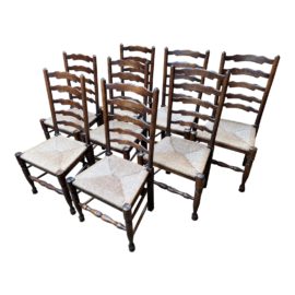Vintage English Ladderback + Rush Seat Dining Chairs, Set of Eight