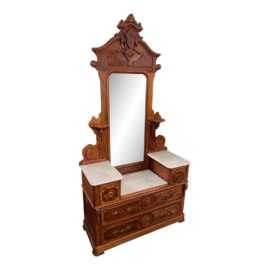 19th Century Victorian Mahogany Dresser + Marble Table Top + Ornate Mirror