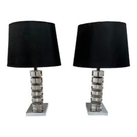 Contemporary Stacked Glass Table Lamps + Oval Black Shades, a Pair