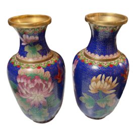 Vintage Blue Cloisonné Vases, a Pair