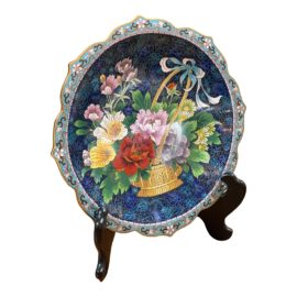 Chinese Enamel Cloisonné Flowers in Basket Plate + Plate Stand