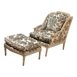 Custom Louis XVI Velvet Brocade Chair Arm Chair + Ottoman
