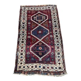 4ft X 7ft Vintage Persian Handwoven Tabriz Red + Blue Kurdish Rug