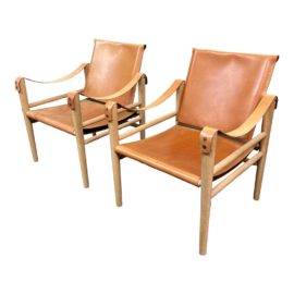 Mid Century Modern Jacob Sling Leather Lounge Chairs, a Pair. Original Price: $2,790