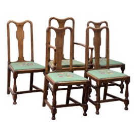 Vintage Tudor Carved Oak Wood Dining Chairs, Set of Five