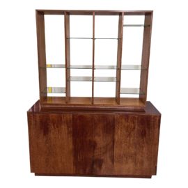 Mid Century Scandinavian Inspired Teak Wood Cabinet + Glass Modular Shelving