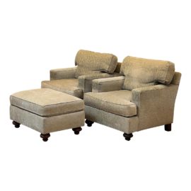 Henredon Custom Track Pair of Arm Club Chairs + Ottoman, a Set