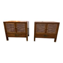 Baker Furniture by Milling Road Walnut Nightstands W/ Caning, Pair