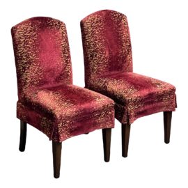 Red and Tan Velvet Burnout Side Chairs, Pair