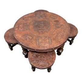 Vintage South American Tooled Leather Table + 4 Stools