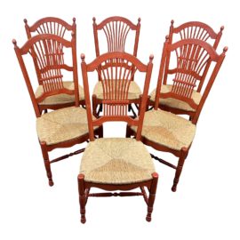 Vintage Style Wheat Sheaf Back Dining Room Chairs, Set of Six