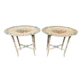 Vintage Style Painted Floral Trays + Stands, a Pair