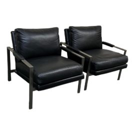 Crate & Barrel Milo Baughman Black Leather Chairs, a Pair. Original Price: $5,400