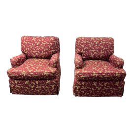 Custom Design Burgundy + Gold Floral Swivel Lounge Chairs, a Pair