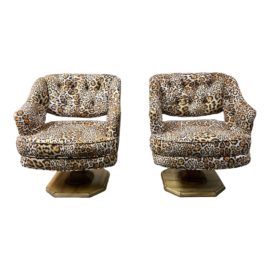Late 20th Century Custom Cheetah Tufted Swivel Chairs - a Pair