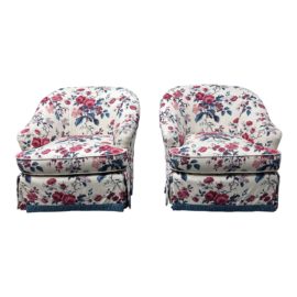 Custom Design Barrel Back Floral English Floral Print Lounge Chairs, a Pair