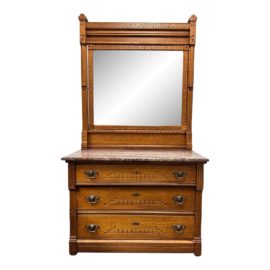 Victorian Marble Top Walnut Dresser + Mirror