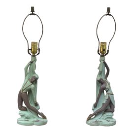 Continental Art Company Rare Green Chalkware Dancers Table Lamps, a Pair