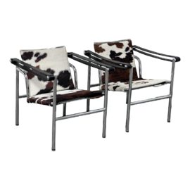 Le Corbusier Style Sling Chairs + Cowhide - a Pair