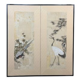 Vintage Two Panel Japanese Screen With Cranes