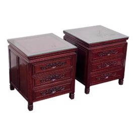 1990's Singapore Chinese Rosewood Side Tables + Drawers, a Pair