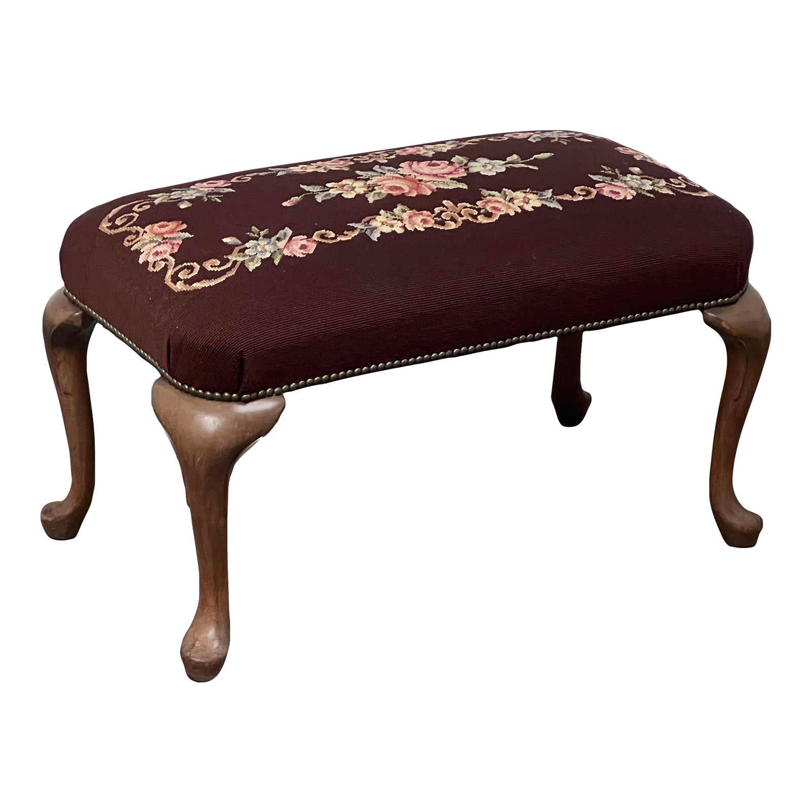 Vintage Burgundy Needlepoint Bench - Design Plus Gallery