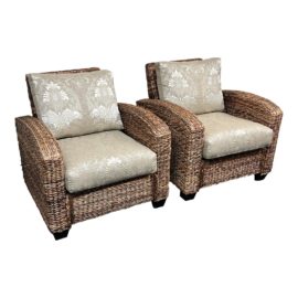 Custom Design Upholstered Seagrass Arm Chairs, a Pair